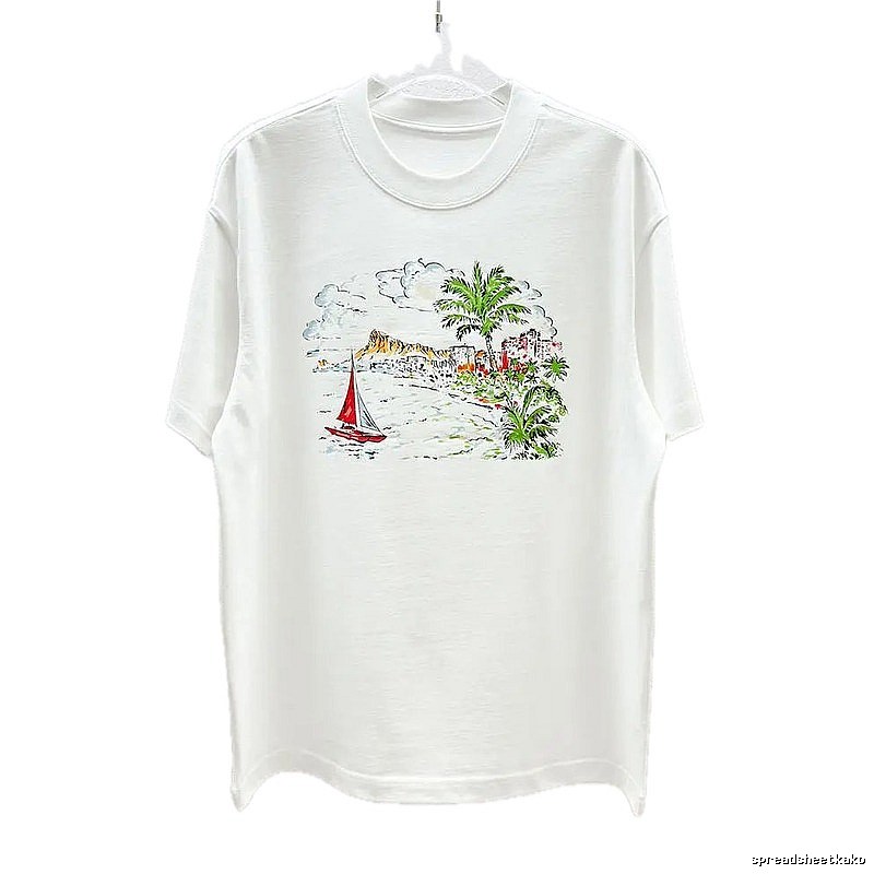 AW Hand-painted Seaside Vacation Style White Short-sleeve T-Shirt