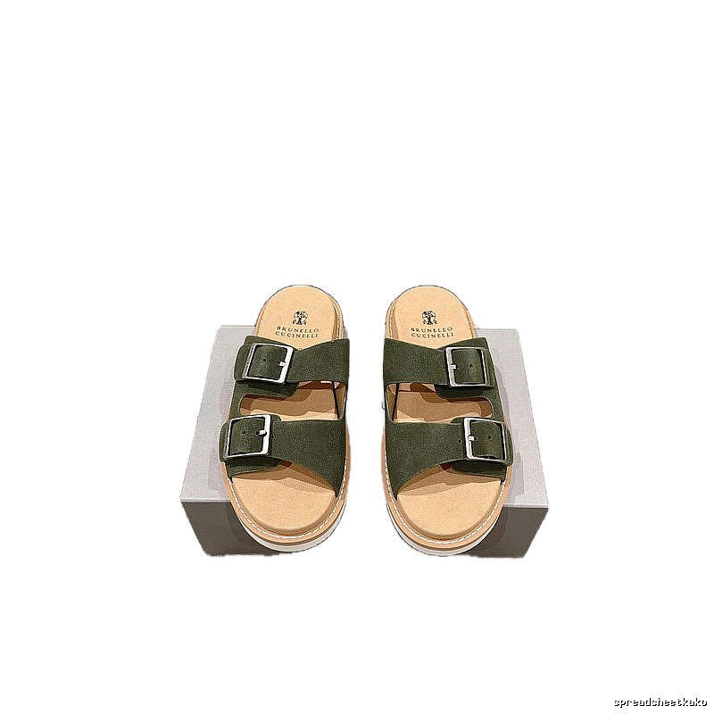 Brunello Cucinelli Casual Style Army Green Double-Buckle Slide Sandals