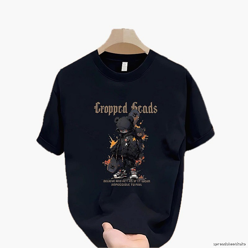 Cropped Skate Bear Street Style Navy Short Sleeve T-Shirt