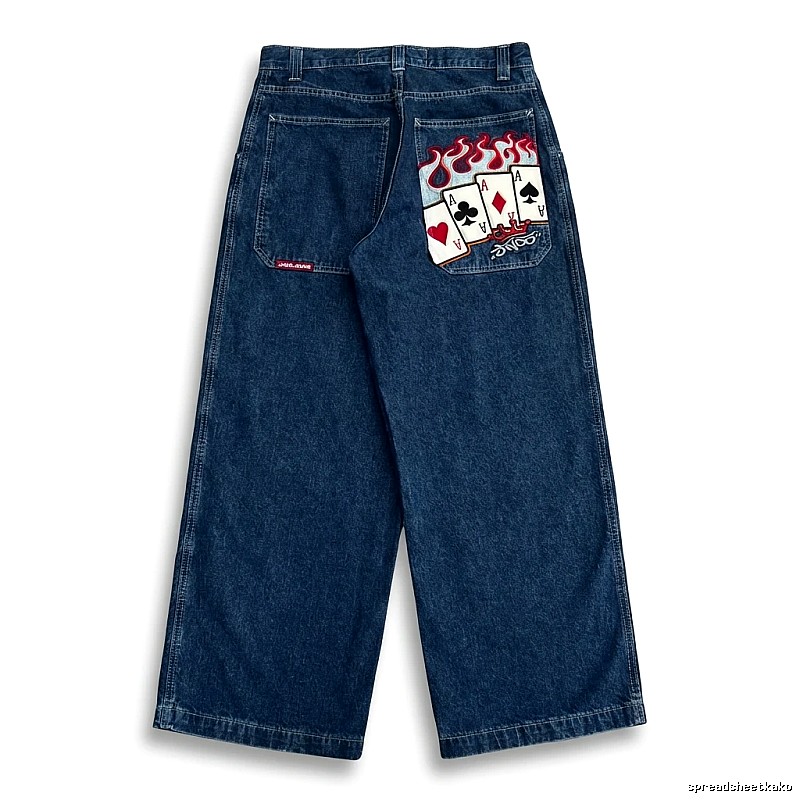 Deep - blue jeans with Y2K playing - card print