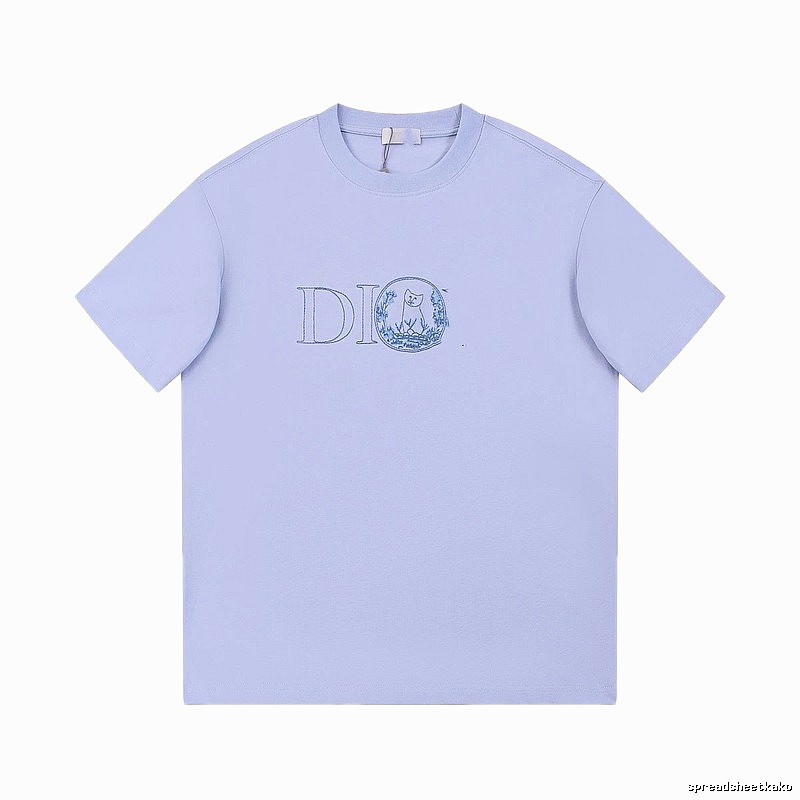 Dior Cat-Embroidered Casual Light Purple Short-sleeve T-Shirt