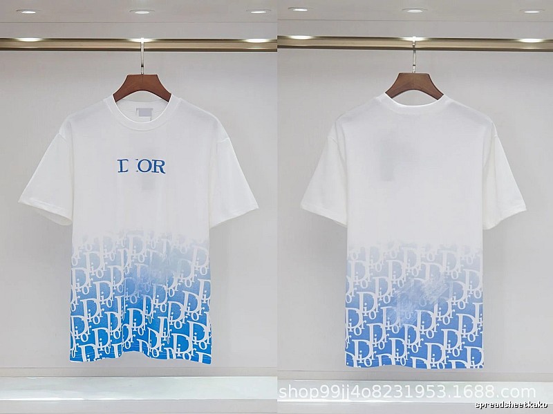 Dior Oblique Gradient Trendy Style Blue and White Short-sleeved T-shirt