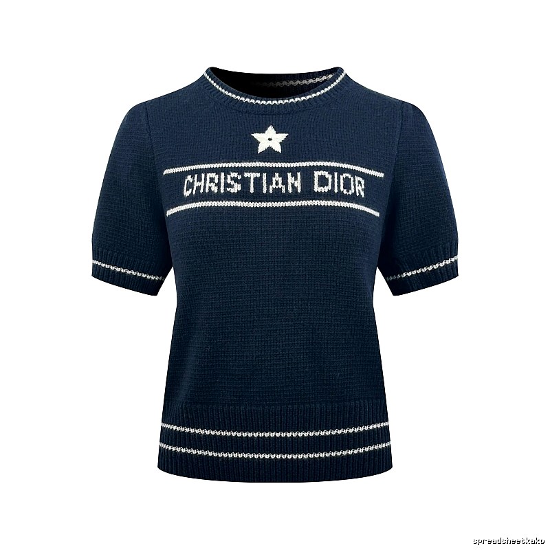 Dior Short Sleeve Knit Sweater with Cream Trim and Star Detail