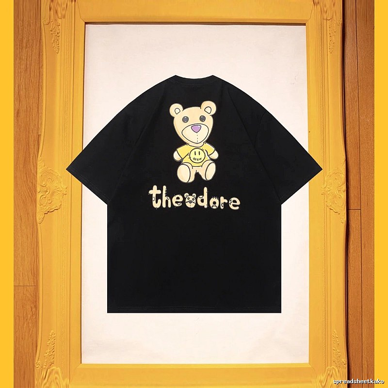 DREW Bear Print Streetwear Brand Black Short Sleeve T-shirt