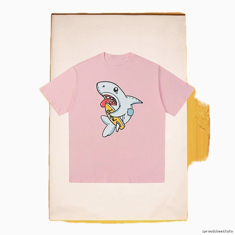 DREW Cartoon Shark Street Style Pink Short-sleeve T-shirt