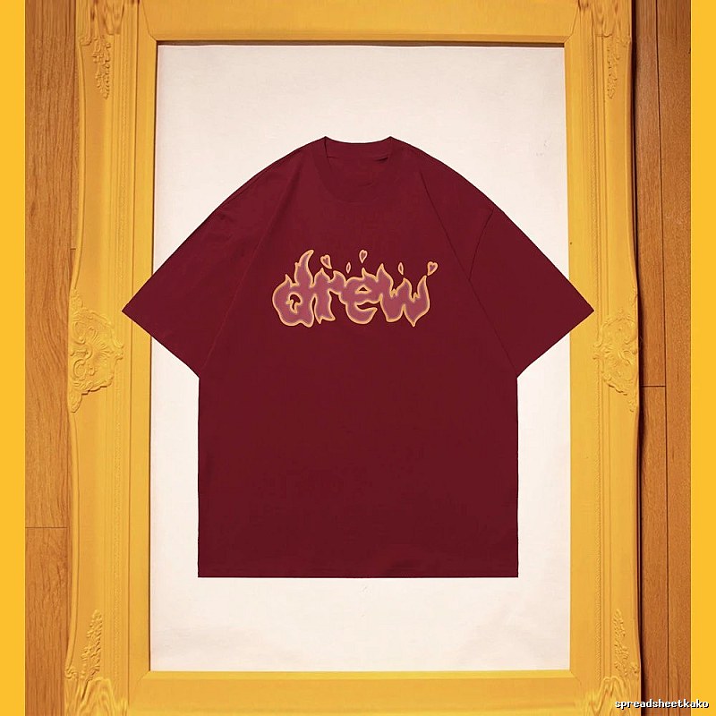 DREW Flame Heart Street Style Burgundy Short Sleeve T-Shirt