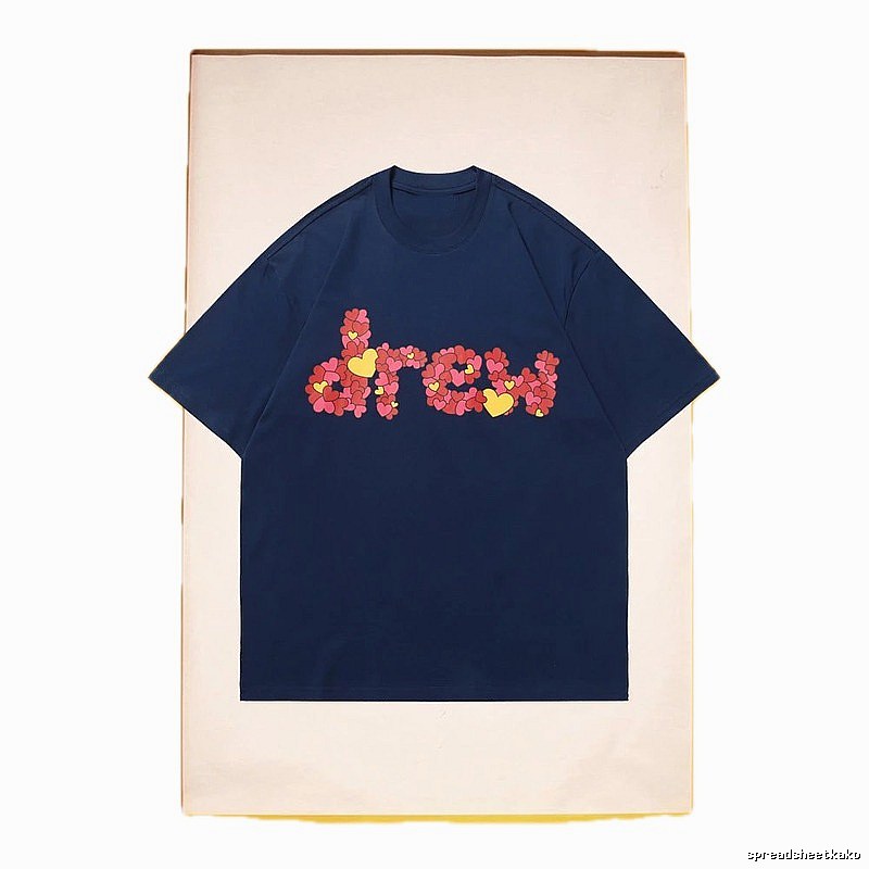DREW Heart Print Street Style Navy Short Sleeve T-Shirt