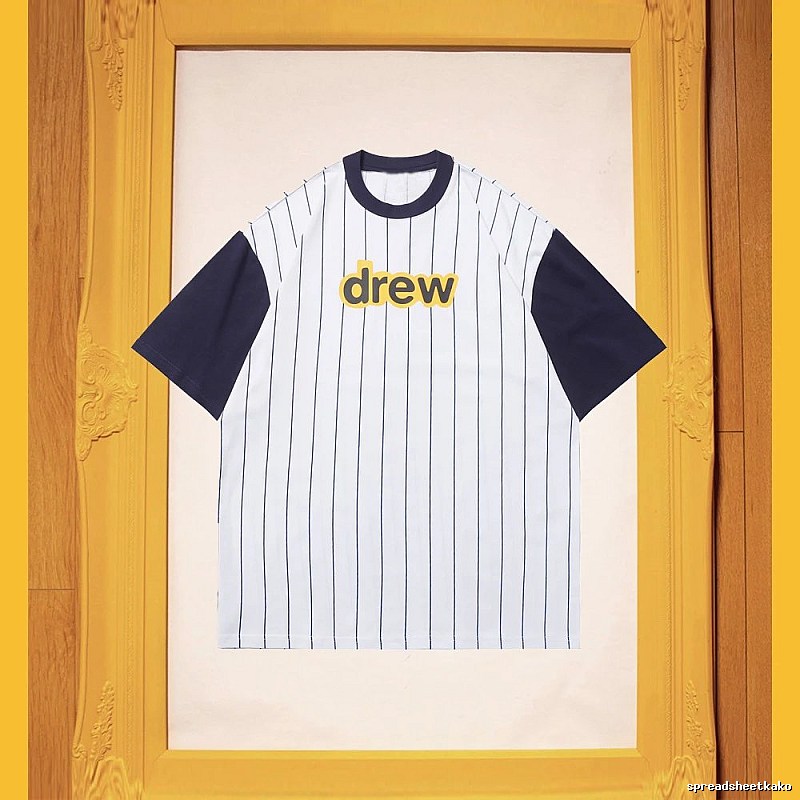 DREW Letter Print Street Style White and Navy Blue Short Sleeve T-Shirt