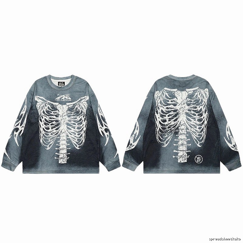 Hellstar Skull Print Street Style Vintage Grey Long Sleeve T-shirt