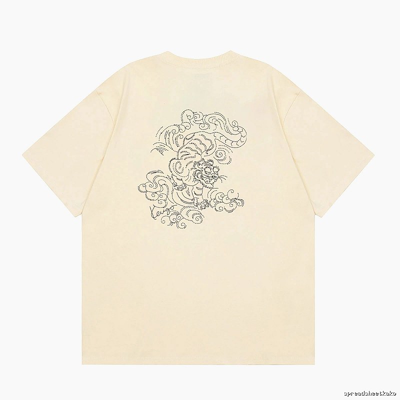 KENZO Auspicious Cloud Tiger Embroidery Chinese Style Beige Apricot Short Sleeve T-Shirt