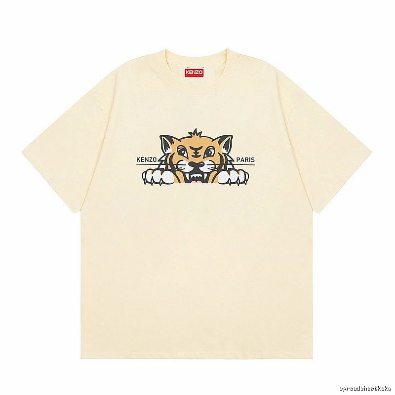 KENZO Tiger Head Print Streetwear Style Beige Short Sleeve T-Shirt