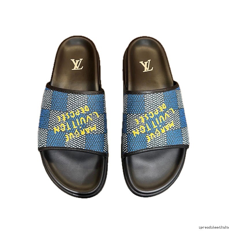 Louis Vuitton Checkerboard Graffiti Style Blue and Black Slides