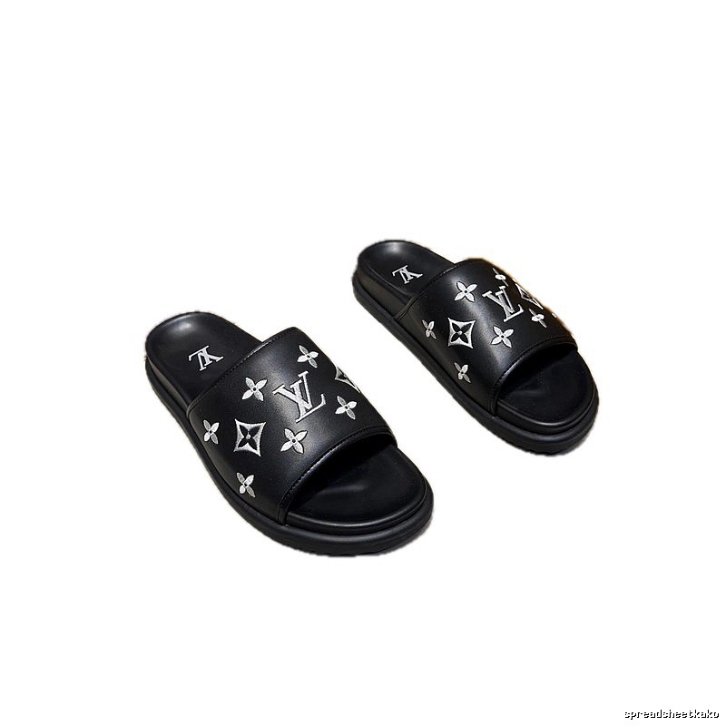 Louis Vuitton Classic Monogram Light Luxury Style Black Slide Sandals