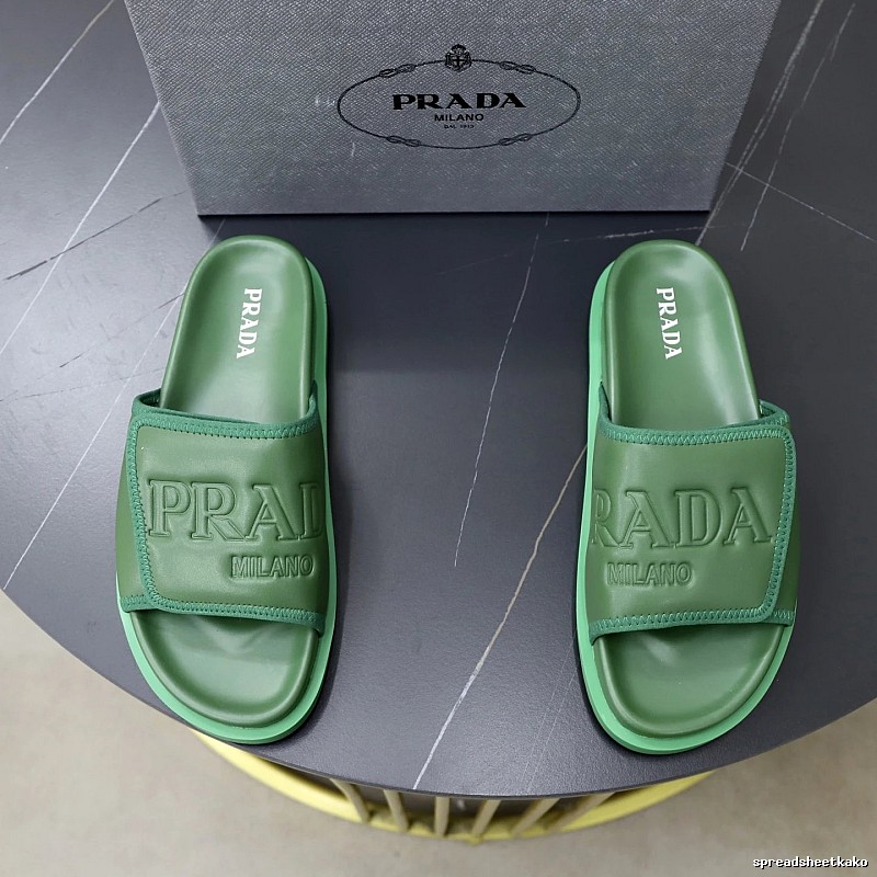 Prada Embossed Light Luxury Style Green Slide Sandals
