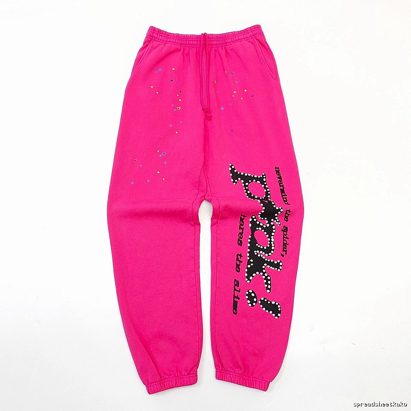 Sp5der Logo Sweatpants in Hot Pink - black vertical branding and cuffed ankles