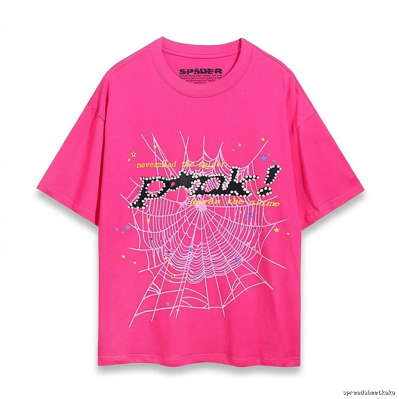 Sp5der Spider Web Print Trendy and Cool Rose Red T-shirt