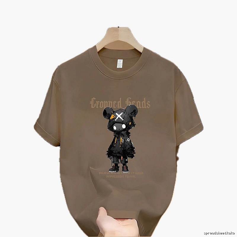 Streetwear Street Style Violent Bear Print Khaki Short-sleeve T-shirt