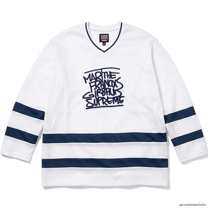 Supreme graffiti-style white and blue jersey
